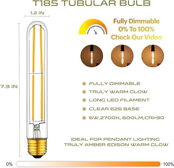 Long T10 Led Bulb, 7.3In Vintage Edison Dimmable Bulb 6W 2700K Warm White Tubular Bulbs, E26 Medium Base Clear 600Lm 60W Equival