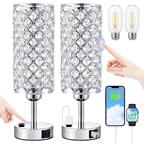 Hong-in Crystal Lamp Set of 2, Touch Control, 3-Way Dimmable, USB Ports, AC Outlet, Silver, Glass, Model: c1fe2266-8a99