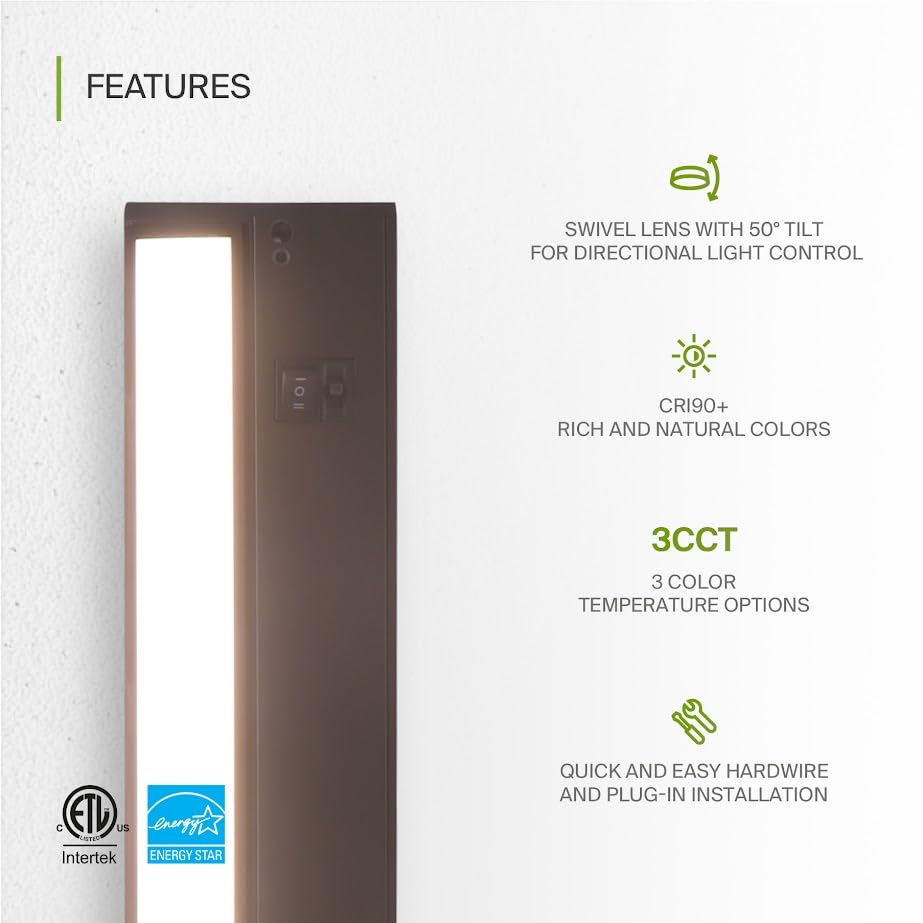 ASD Swivel LED Under Cabinet Light, Dimmable, 18 Inch, Aluminum, 2700K/3000K/4000K, Hardwired/Plug-in, Model A-U