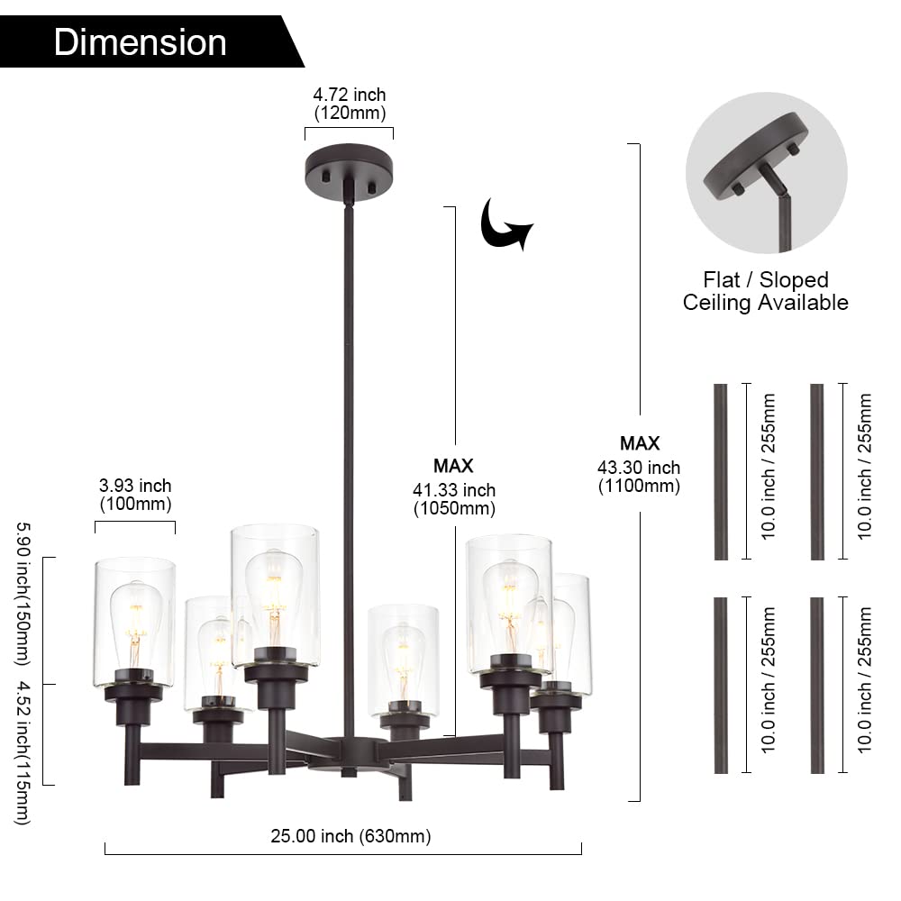 VINLUZ 6 Light Farmhouse Chandelier Classic Pendant Lighting Oil-Rubbed Bronze Industrial Ceiling Lighting Fixture with Clear Gl
