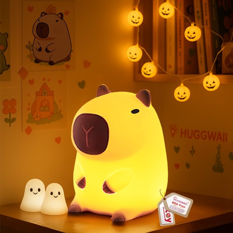 Huggwaii Squishy Capybara Night Light For Kids - Soft Silicone Tap-Control Kids Night Light With 2 Brightness Levels & 20-Min Timer  Cute Lamp For Nursery Bedroom Decor  Baby Gift (1200Mah Battery)