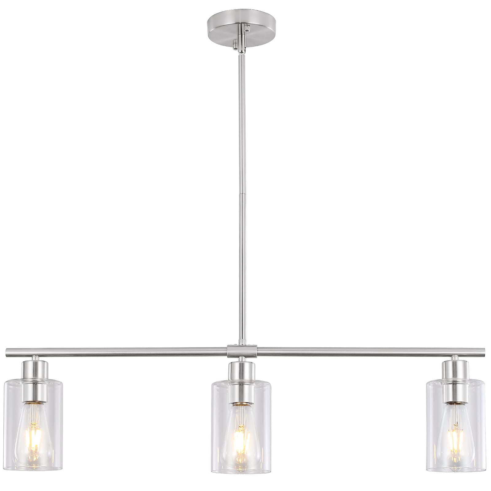 Mrhyswd 3 Lights Kitchen Island Lighting Brushed Nickel Pendant Light Fixtures With Glass Shade 31" Dining Room Chandeliers Adjustable Height Modern Linear Ceiling Hanging Light For Living Room, Foyer