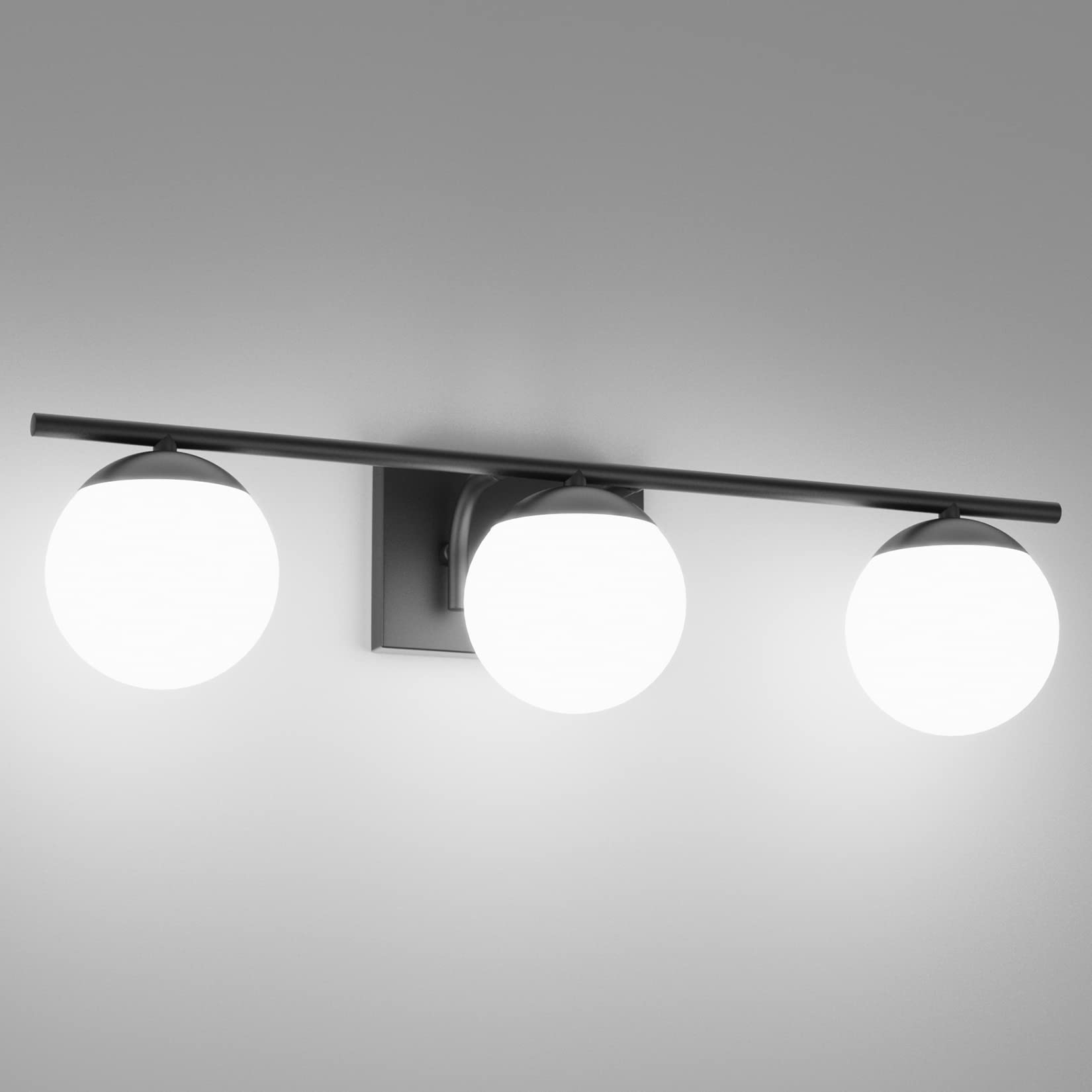 Ralbay 3-Light Bathroom Vanity Lights, Matte Black Metal with Milky Glass, Model 1167