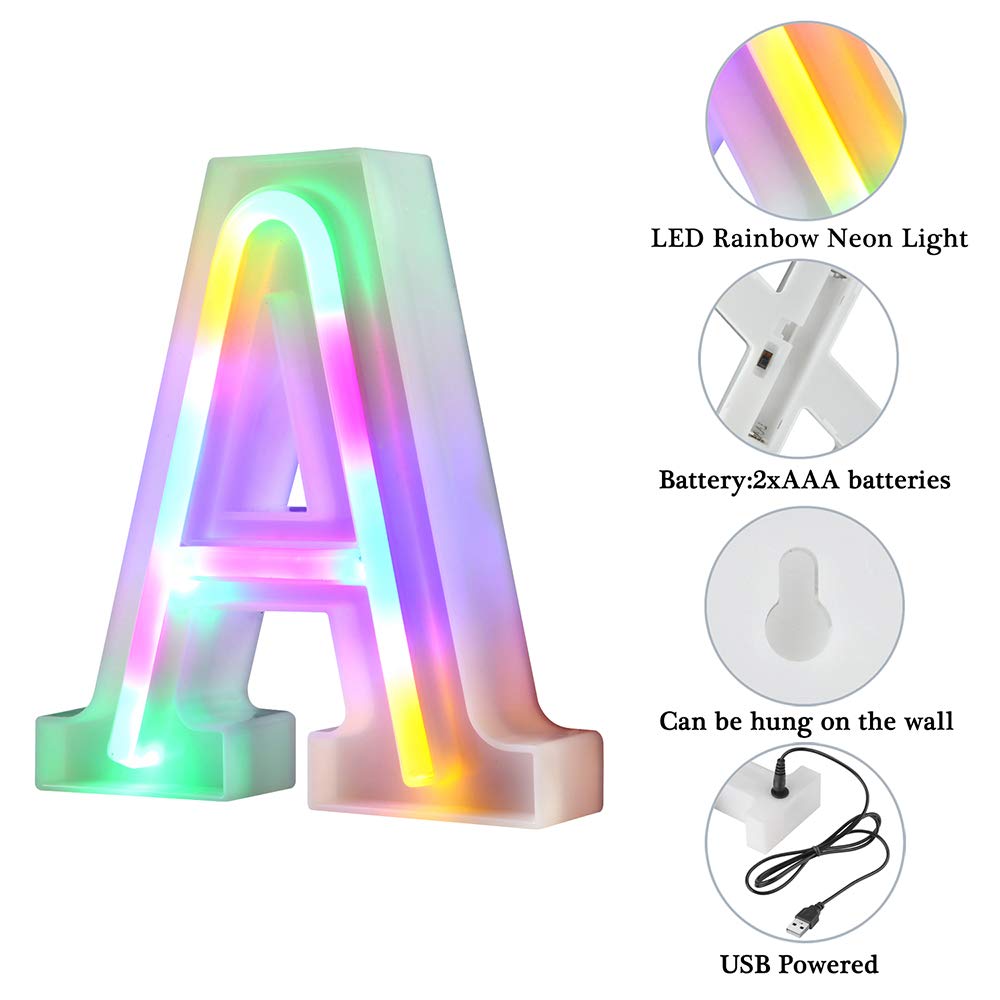 Warmthou Neon Letter Lights - Usb/Battery Powered Colorful Letter A Sign For Home Decoration, Wedding, Christmas, Birthday Party