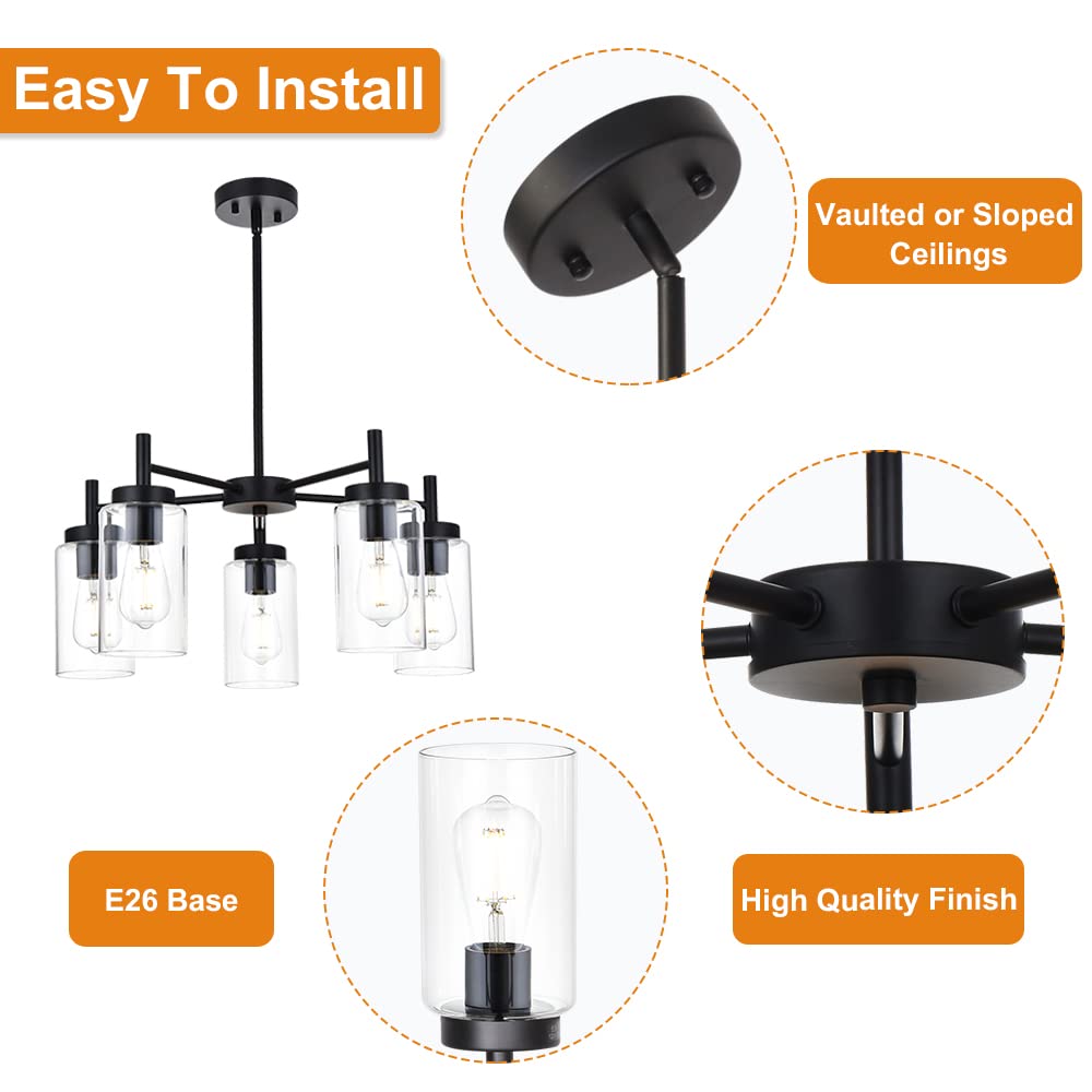 VINLUZ 5 Light Contemporary Black Chandelier, Metal with Clear Glass Shade, Model 1810-5-11, Ideal for Dining Room or Bedroom