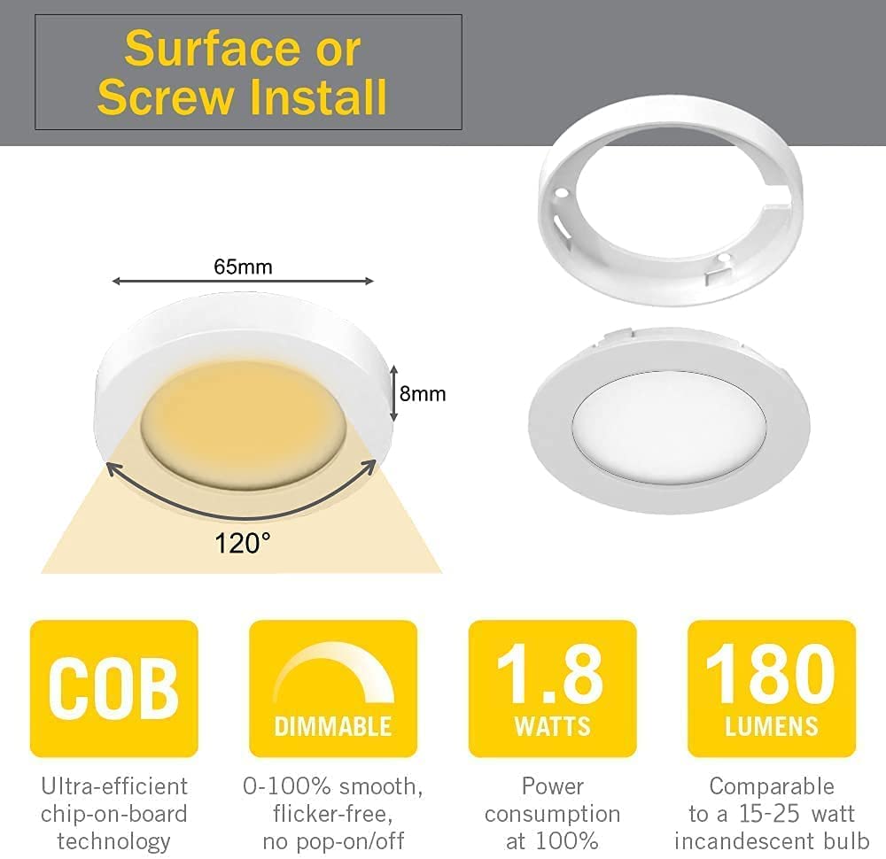 Vst Under Cabinet Lighting Plug In With Wireless Touch Dimmer Switch,Recessed Or Surface Mount Design,Warm White White 3000K 12V 2W(12W Total, 60W Equivalent),6 Pack White Puck Lights Fixtures…