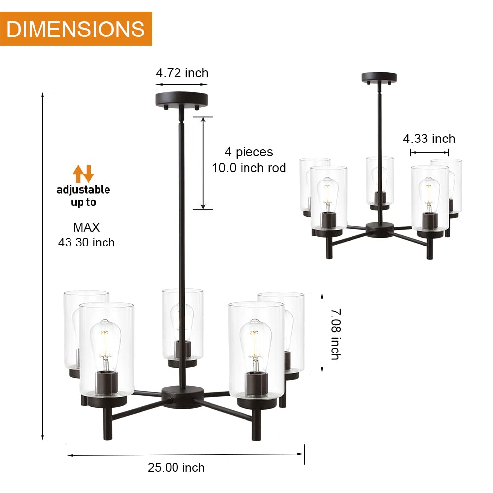VINLUZ 5-Light Contemporary Chandelier, Oil-Rubbed Bronze, Clear Glass Shades, Model 1810-5-13, Modern Lighting for Dining Room & Kitchen