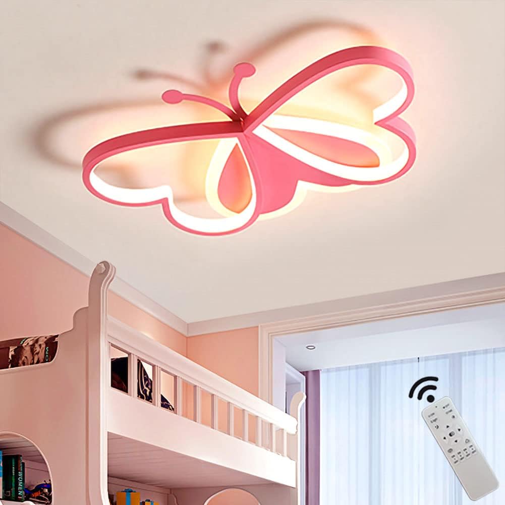 BDXKY Led Ceiling Light Fixture Modern Kids Room Flush Mount Dimmable with Remote 36w Pink Butterfly Ceiling Lamp for Girl Boy B