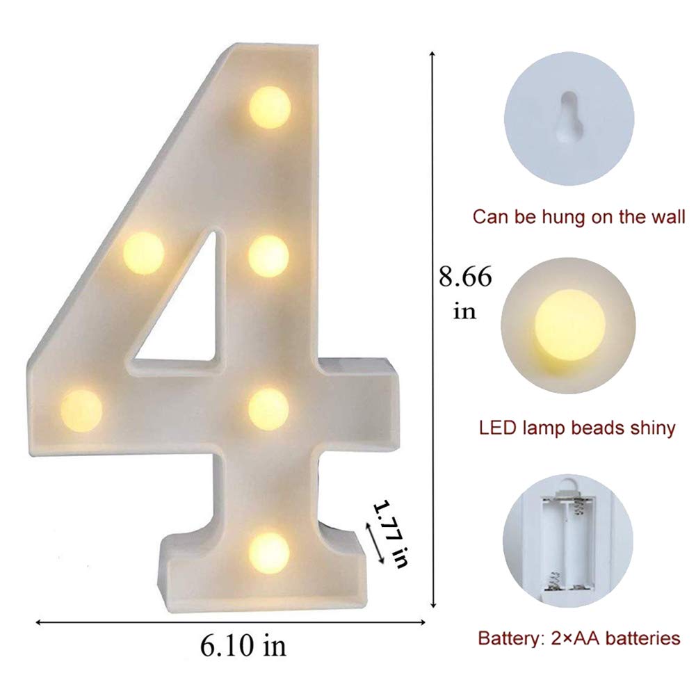 MUMUXI Light Up Letters & Numbers | Battery Powered | Bright for Events & Home Decor | 4 (Color) | Made of Acrylonitrile Butadiene Styrene