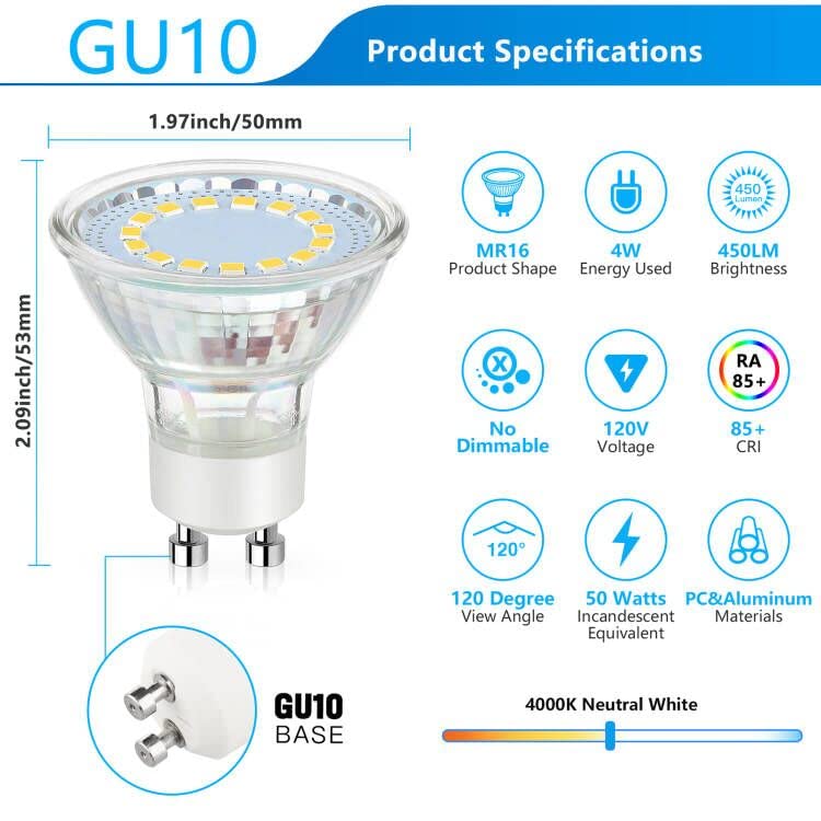 Maylaywood Gu10 Led Light Bulbs, 50 Watt Halogen Equivalent, 4000K Neutral White Non-Dimmable 450Lm 4W Replacement For Recessed