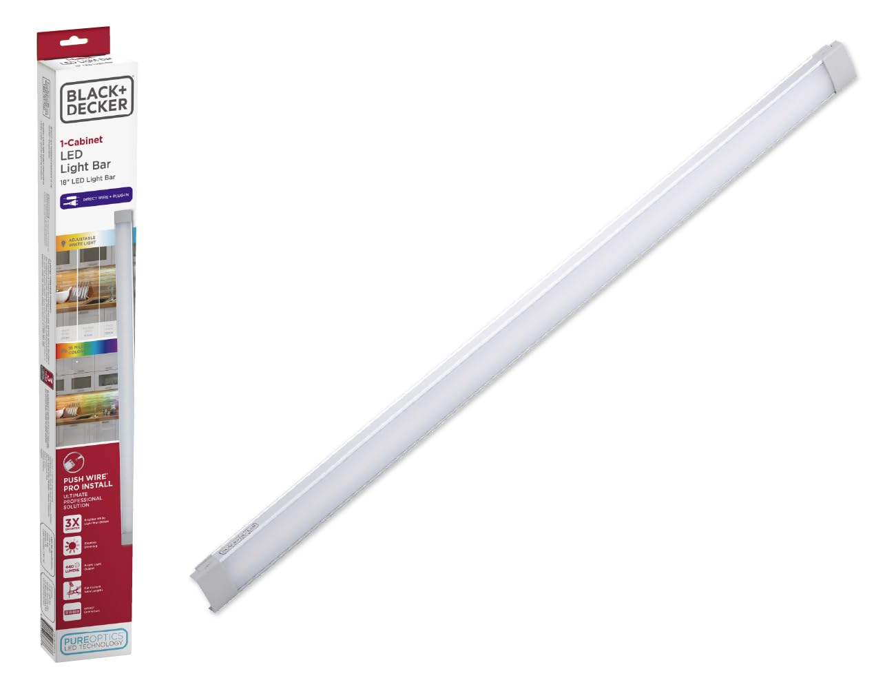 PureOptics LED Under Cabinet Light Bar, 18in Add-on, Adjustable White & RGB, Aluminum, Silver, Model LEDUC18-CCTPW-B
