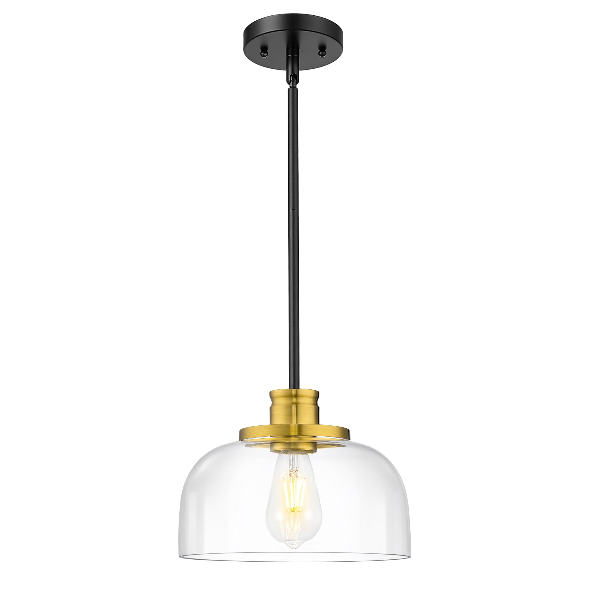 Emak Pendant Light, 10 Inch Black Gold Metal Fixture, Clear Glass Shade, Model PL131-BKBGD-CG