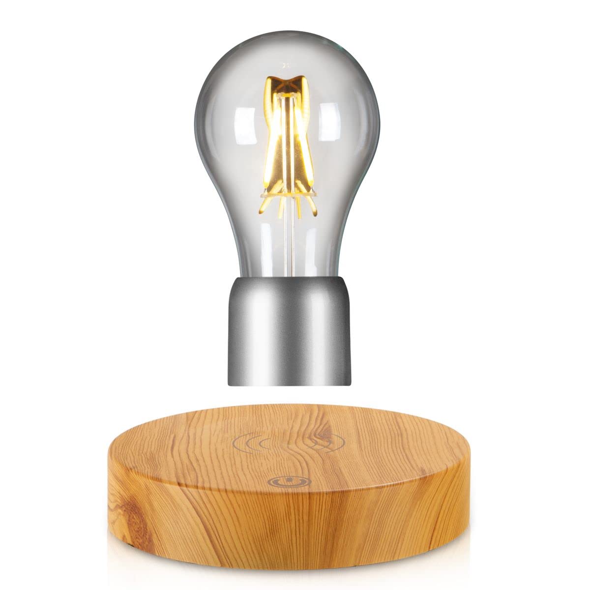 VGAzer Magnetic Levitating LED Light Bulb Desk Lamp, Round Wooden Base, Yellow, Unique Home Office Decor