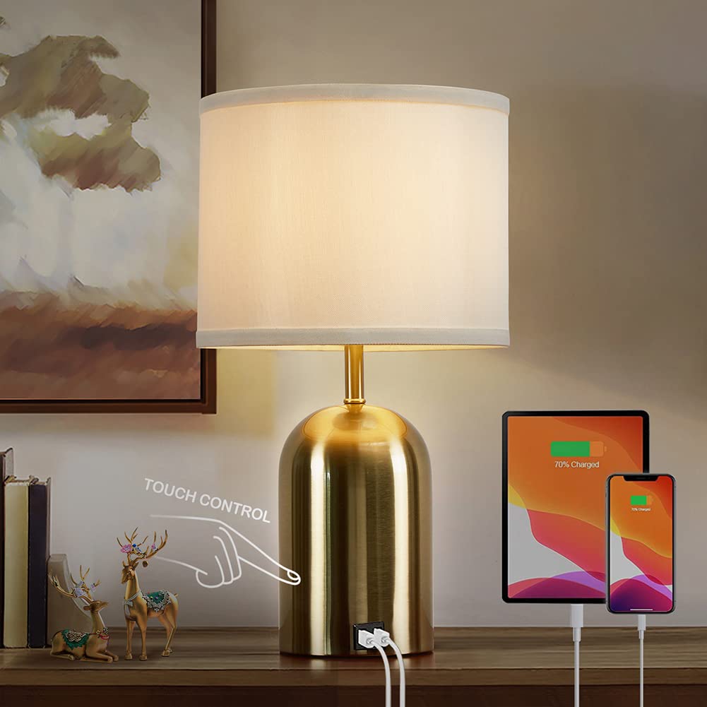 Gyrovu Touch Control Bedside Lamp, 3 Way Dimmable, Usb Port, Gold Fabric Shade, Led Bulb Included