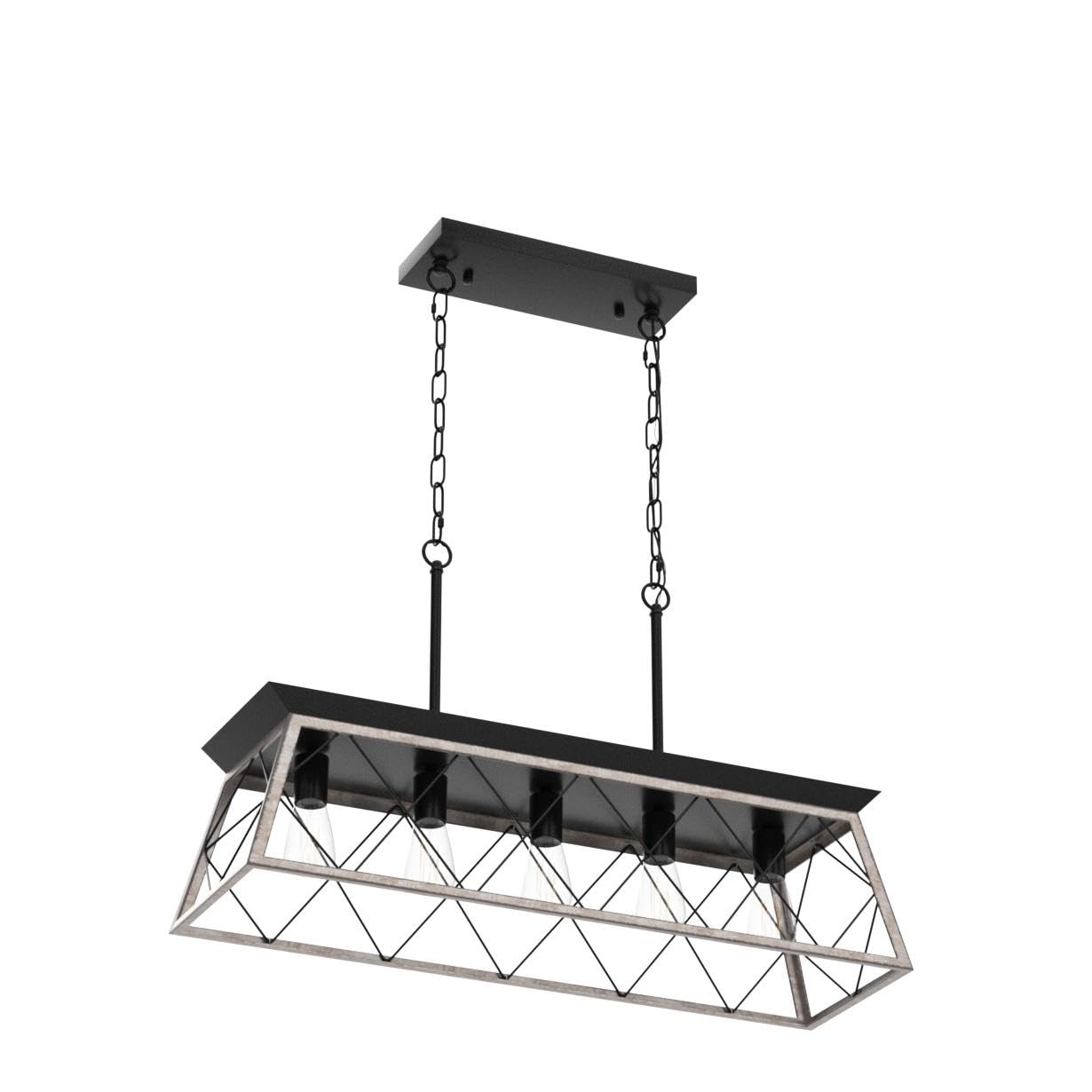 Q&S 5-Light Rustic Vintage Chandelier, Oak & Orb Pendant Fixture For Kitchen, Bar, Office