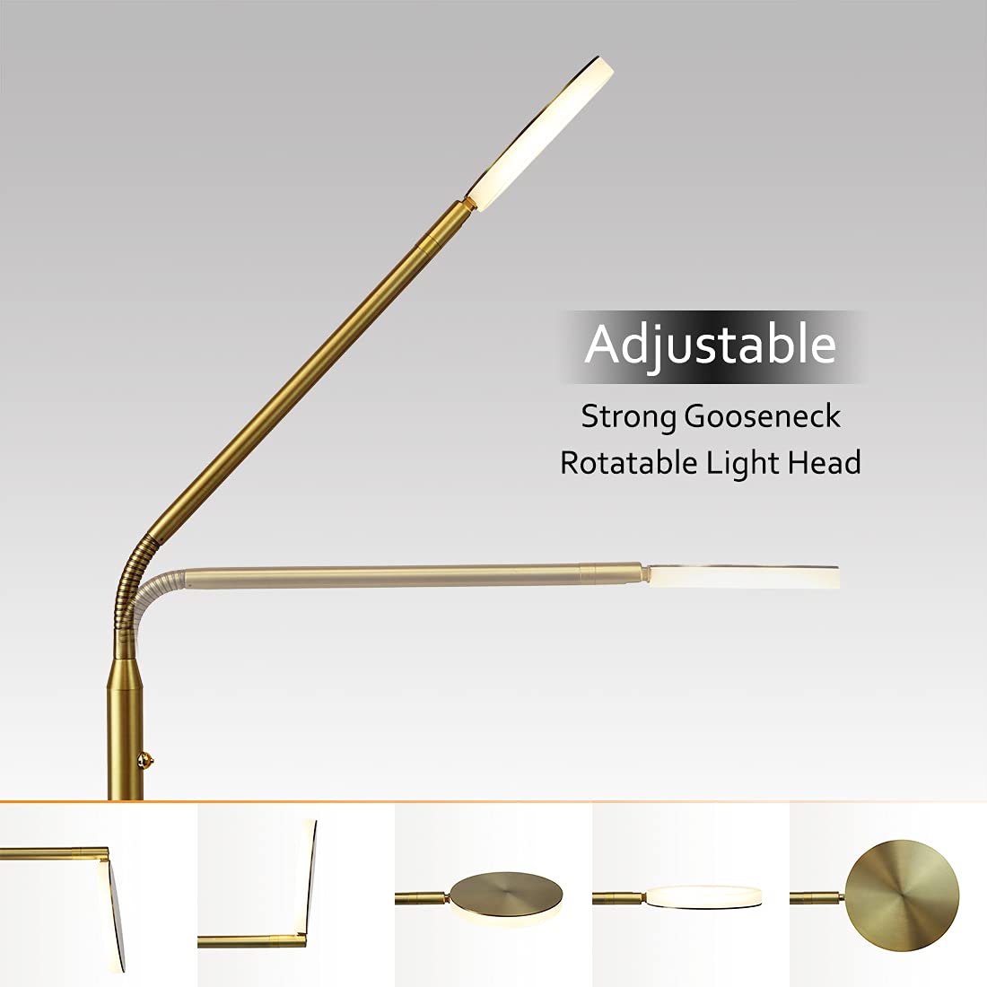 OBright Dimmable LED Floor Lamp, Adjustable Color Temperature, Antique Brass, Model OB-FL11D, 360° Flexible Gooseneck