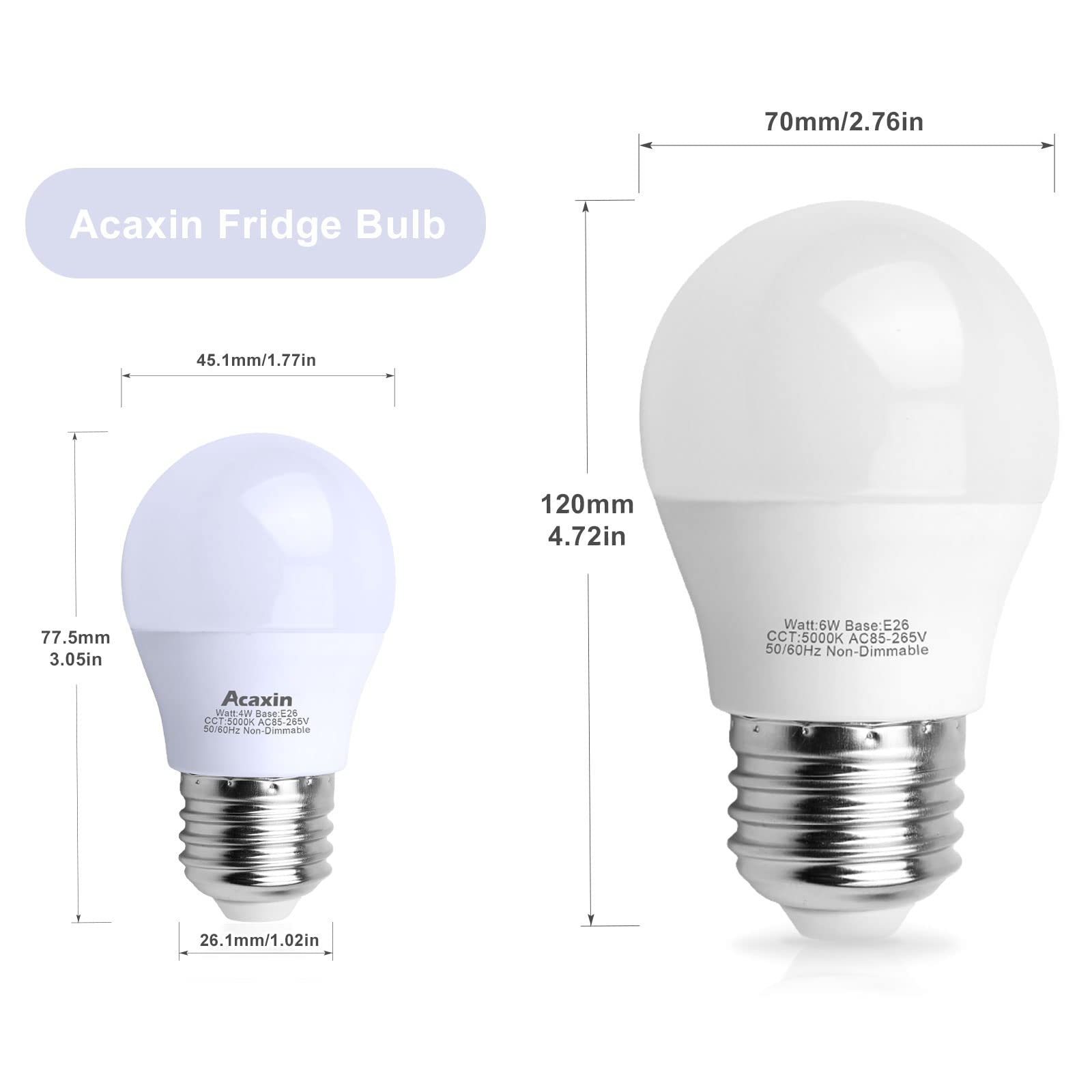 Acaxin LED Refrigerator Light Bulb 4W, Waterproof A15 Appliance Bulb, Daylight White 5000K, 2 Count, E26 Base, 400 Lumen