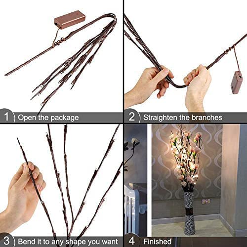 Dk177 4 Pack Led Branch Light Battery Operated Lighted Branch Vase Filler Willow Tree Artificial Little Twig Power Brown 30 Inch 20 Led For Home Romantic Decoration, Warm White