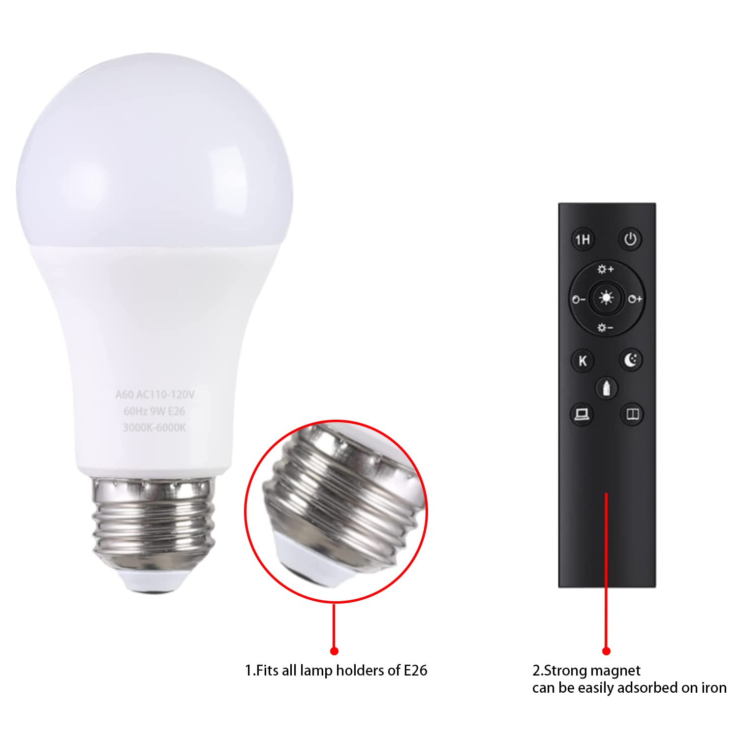 Mxhme A19 Led Light Bulbs With Remote Control, 800Lm 9W, 60W Equivalent Led Bulbs,Stepless Dimmable 3000K-6000K,E26 Base,Cri 80+,2.4Ghz,25000+ Hours Lifespan,Light Bulb For Home Decor,1Bulb&1Remote