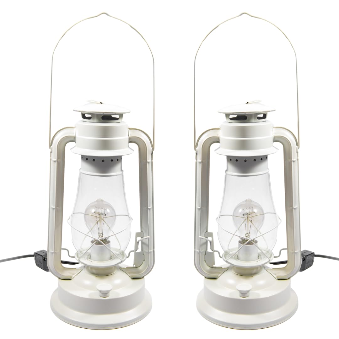 Rustic Farmhouse Lantern Table Lamp: Dimmable, Edison Bulb, Line Cord Dimmer - Large Body, White Finish - Set Of Two - Ul Usa/Ul