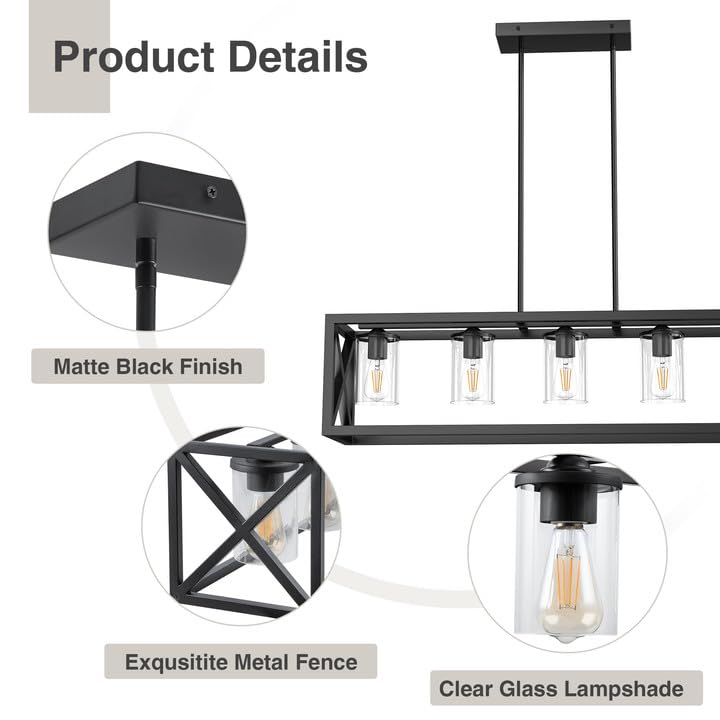 Espird 5-Light Farmhouse Dining Room Light Fixture, Matte Black Metal Chandelier, Adjustable Height for Kitchen Island