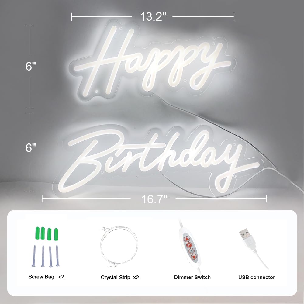 divatla Happy Birthday Neon Sign - 3 Color Modes, USB, Dimmable - 17inx12in or 30inx14in - Warm, Warm White, White