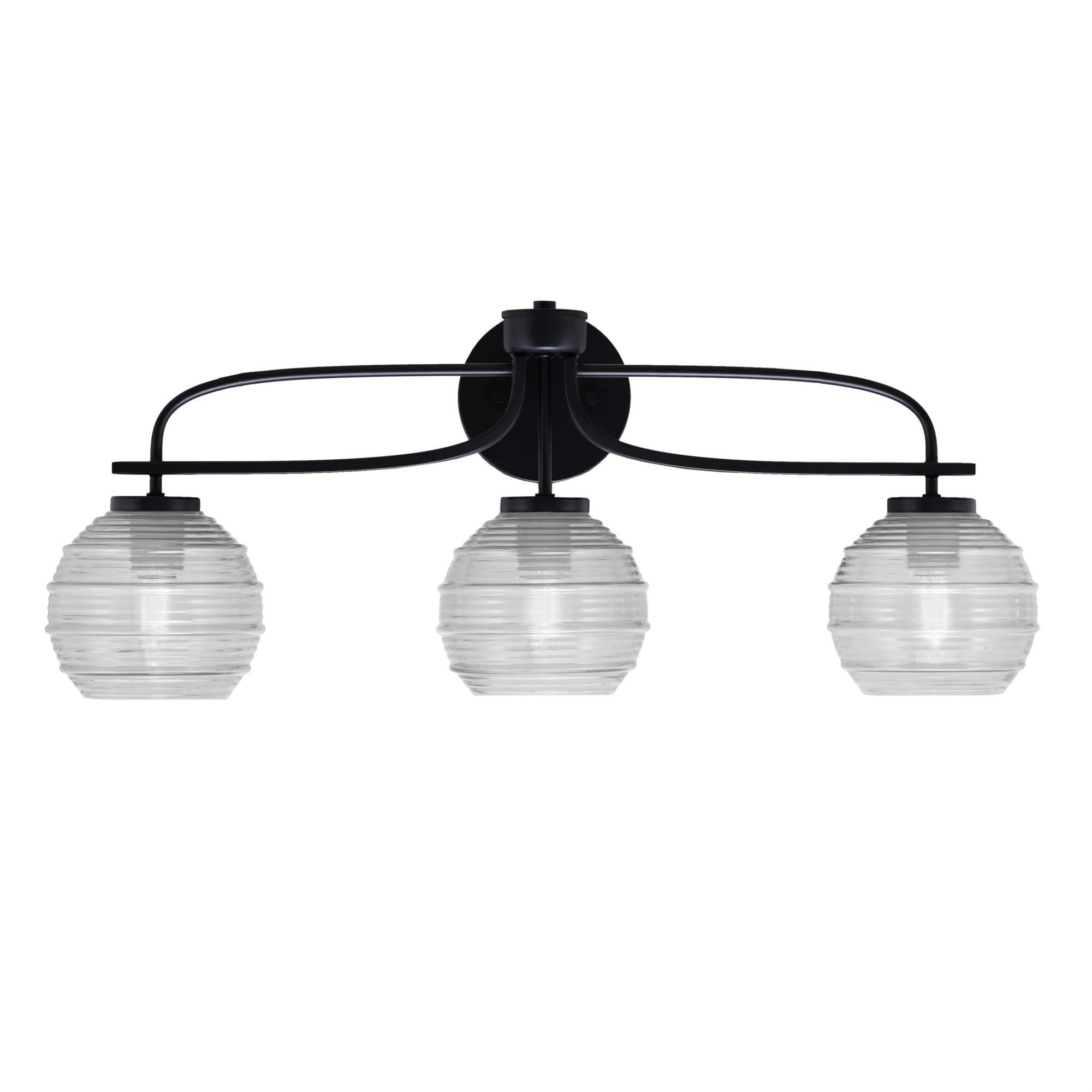 Cavella 3 Light Bath Bar Shown In Matte Black Finish With 6" Clear Ribbed Glass