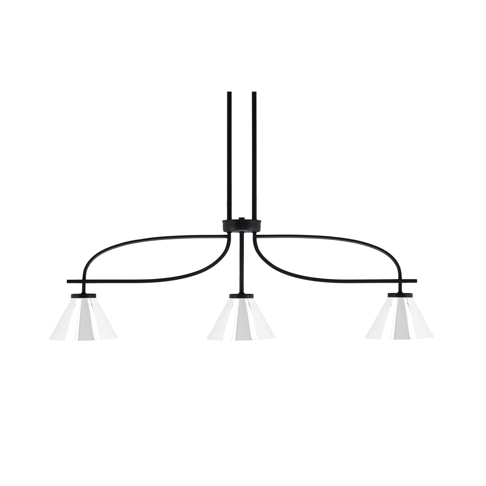 Cavella 3 Light Island Light Shown in Matte Black Finish with 7&quot; Chrome Cone Metal Shades