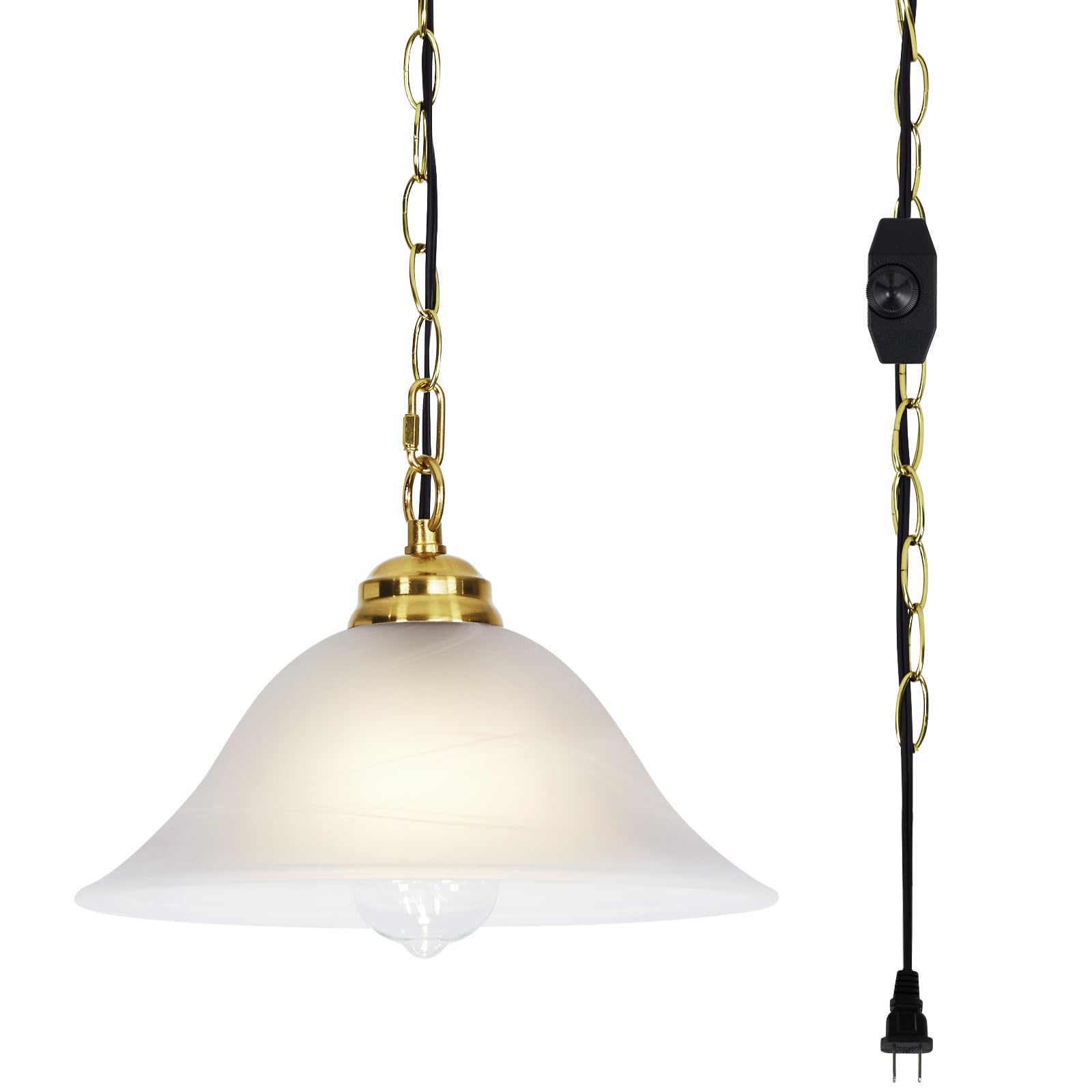 SHENGQINGTOP Plug in Pendant Light Alabaster Glass Shade Hanging Lamp with On/Off Switch,16.4Ft Cord & 14.7Ft Chain Dimmable Bra