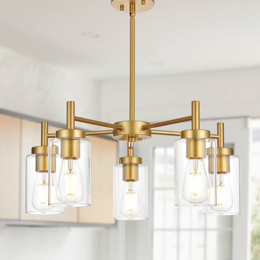 VINLUZ Retro Chandelier, 5 Light, Clear Glass Shade, Metal, Gold Finish, Modern Pendant Lighting for Kitchen Island, Dining Room