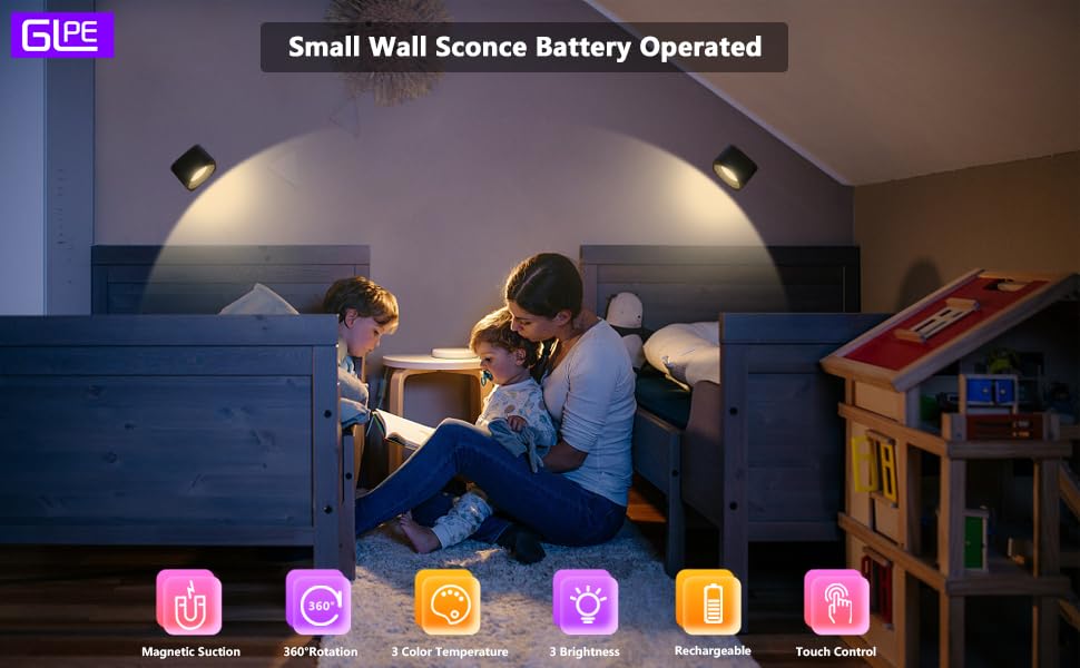 GLPE LED Lights for Bedroom Battery Operated, Touch Control Cordless Small Wall Lamp, 3 Color Temperatures & 3 Brightness, 360 R
