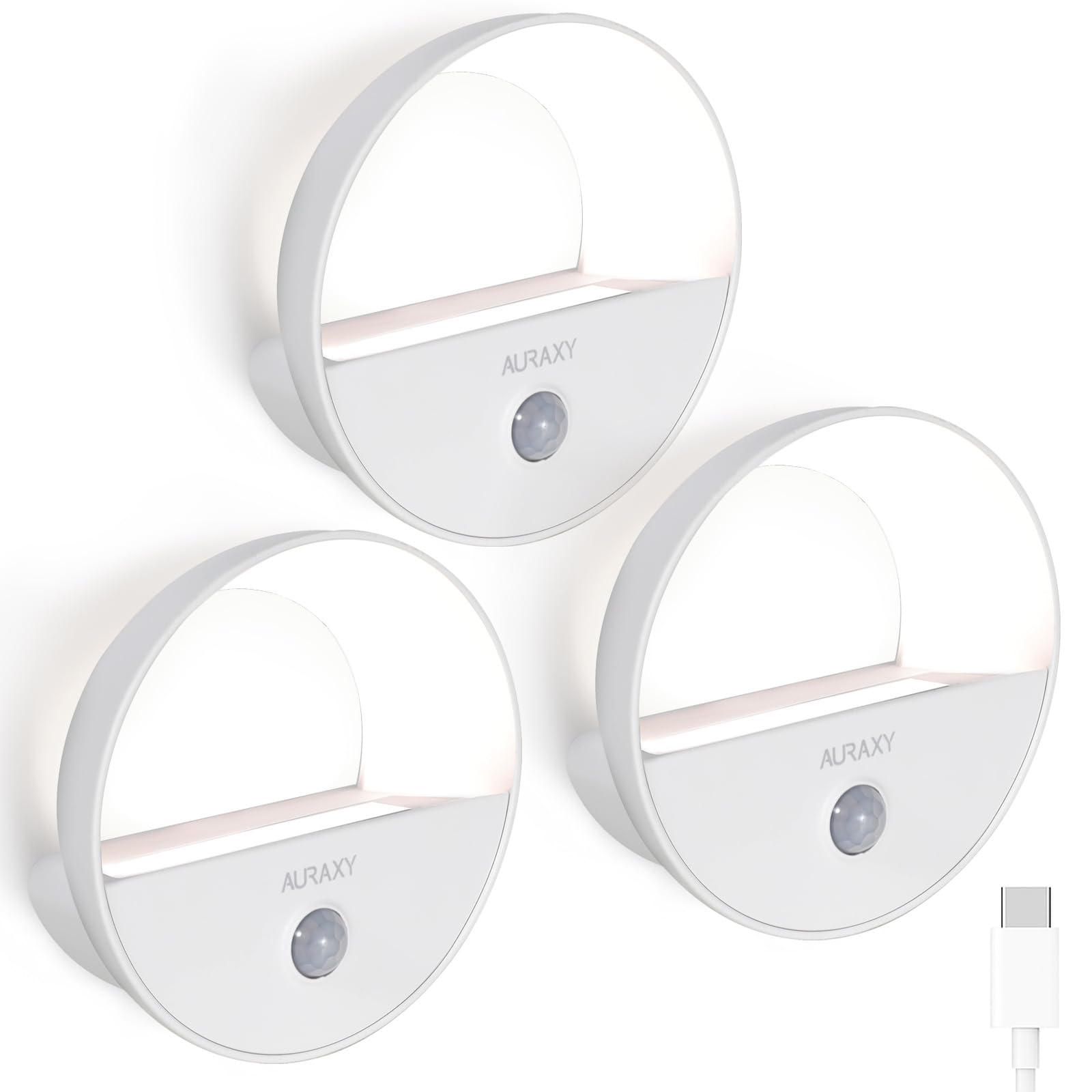 AURAXY Rechargeable Motion Sensor Night Light  Battery Night Lights LED Cool White Magnetic Stick-on Motion Sensored Hallway Light  with Dusk to Dawn Sensor for Stair  Wall  Bedroom  Bathroom(3 Pack)