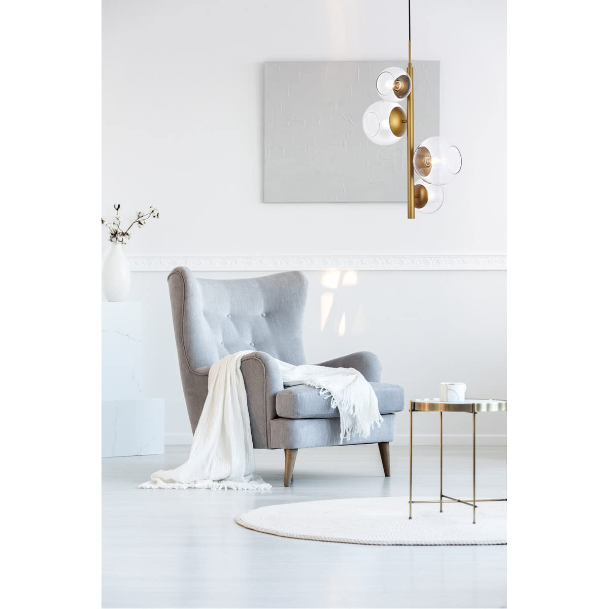 Living District Wells 4-Light Mid-Century Metal Pendant in Brass and Clear