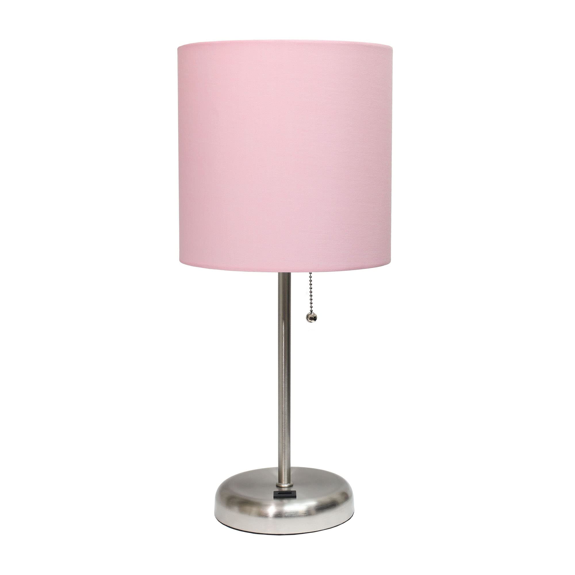Creekwood Home 19.5&quot; Contemporary Bedside Lamp With Usb Port, Brushed Steel & Light Pink Shade