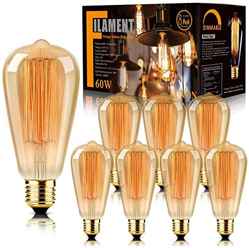 LUXON Edison Bulbs 8-Pack, Antique Vintage Style, Dimmable, Amber Warm 60W E26 Base, Glass