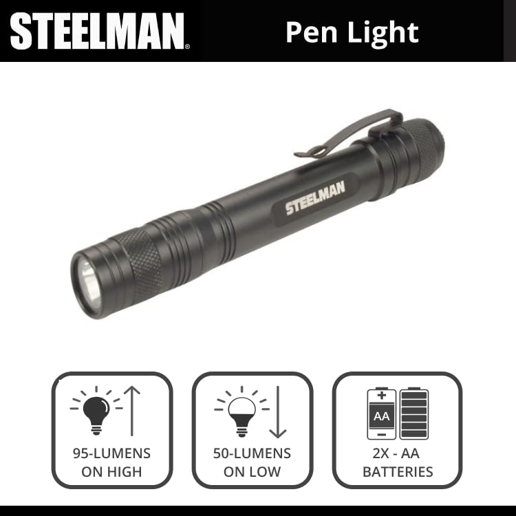 Steelman LED Pen Light 2AA, Aluminum, Black, Model 95863