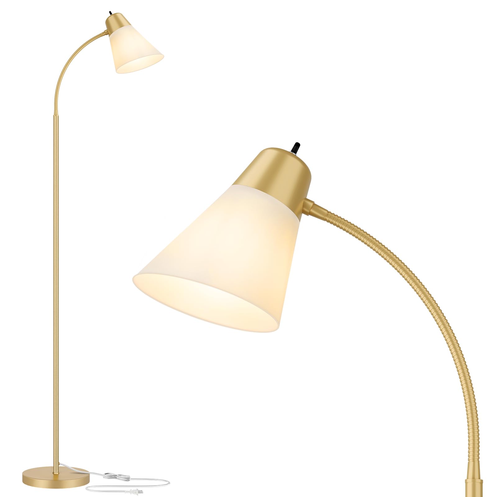 Coucrek Floor Lamp - Adjustable Gooseneck Standing Lamp, Gold, Model F122, White Plastic Shade, Bulb Not Included