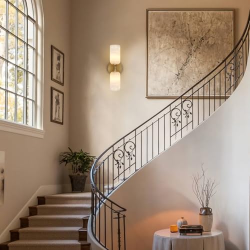 Alabaster Wall Sconce 14In Modern Spanish Natural Marble Bathroom Vanity Sconces  Antique Brass Sconces Wall Lighting  Gold Wall Light Fixtures Decor  For Bedroom Living Room Staircases Hallway