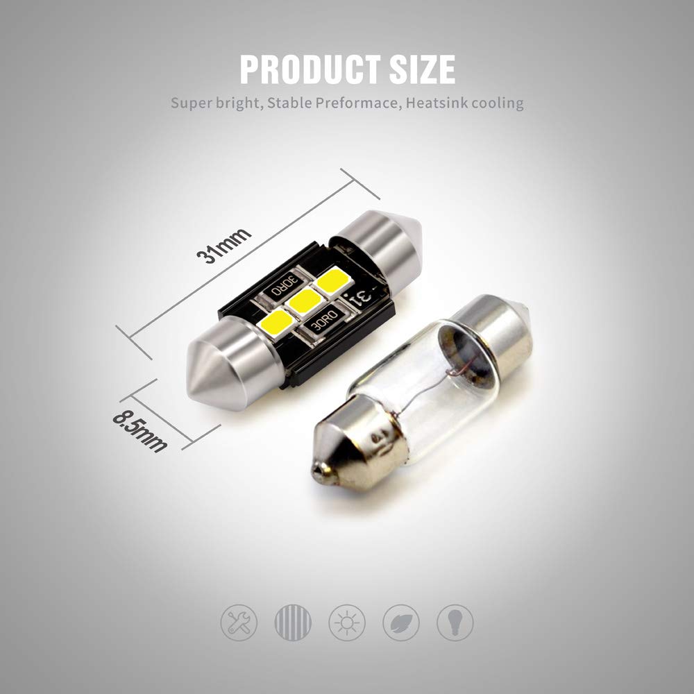 Sir Ius Led N3 De3175 Led Bulbs Pure White Super Bright Led Festoon 300 Lumens 3030 Chipset For Car Truck Interiors Dome Map Door Courtesy Lights 1.25” 31Mm Festoon Pack Of 6 Bulbs