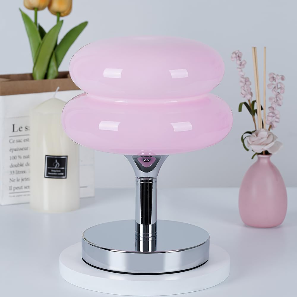 Jiesheng Pink Glass Bedside Lamp, Retro 10.63&quot; Desk Light With 3 Color Modes, E27 Bulb