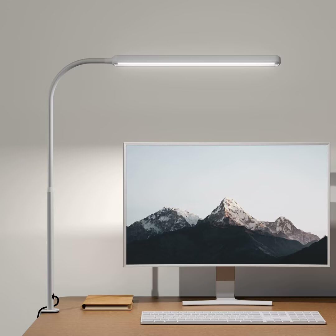 SUPERDANNY Eye-Caring LED Desk Lamp, 360° Flexible Gooseneck, Touch Control, Clamp Mount, Aluminum, White, Model SDDL04