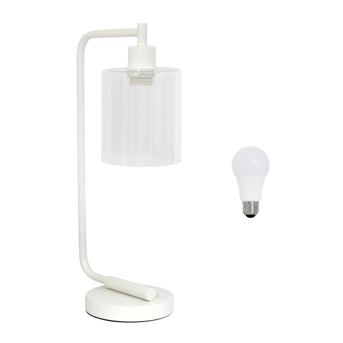 Simple Designs LD1036-WHT-LB 18.8&quot; Industrial Bronson Antique Style Iron Lantern Desk Table Lamp with Glass Shade for Home Décor, Office, Living Room, Bedroom, White, with Feit LED Bulb Included