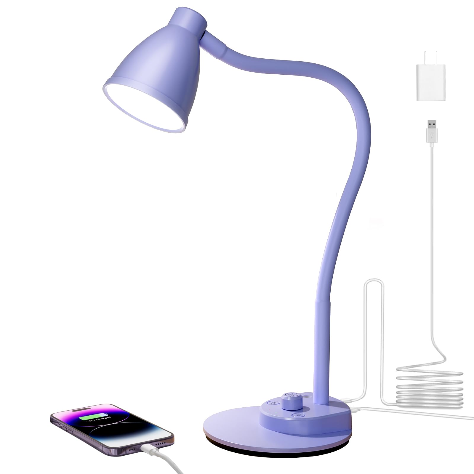 BOHON LED Desk Lamp with USB Charging Port, 3 Color Modes Fully Dimmable Reading Lamp, Auto Dimming Task Lamp, Flexible Gooseneck Table Light for Office Dorm Bedside, Adapter Include, Lilac Purple