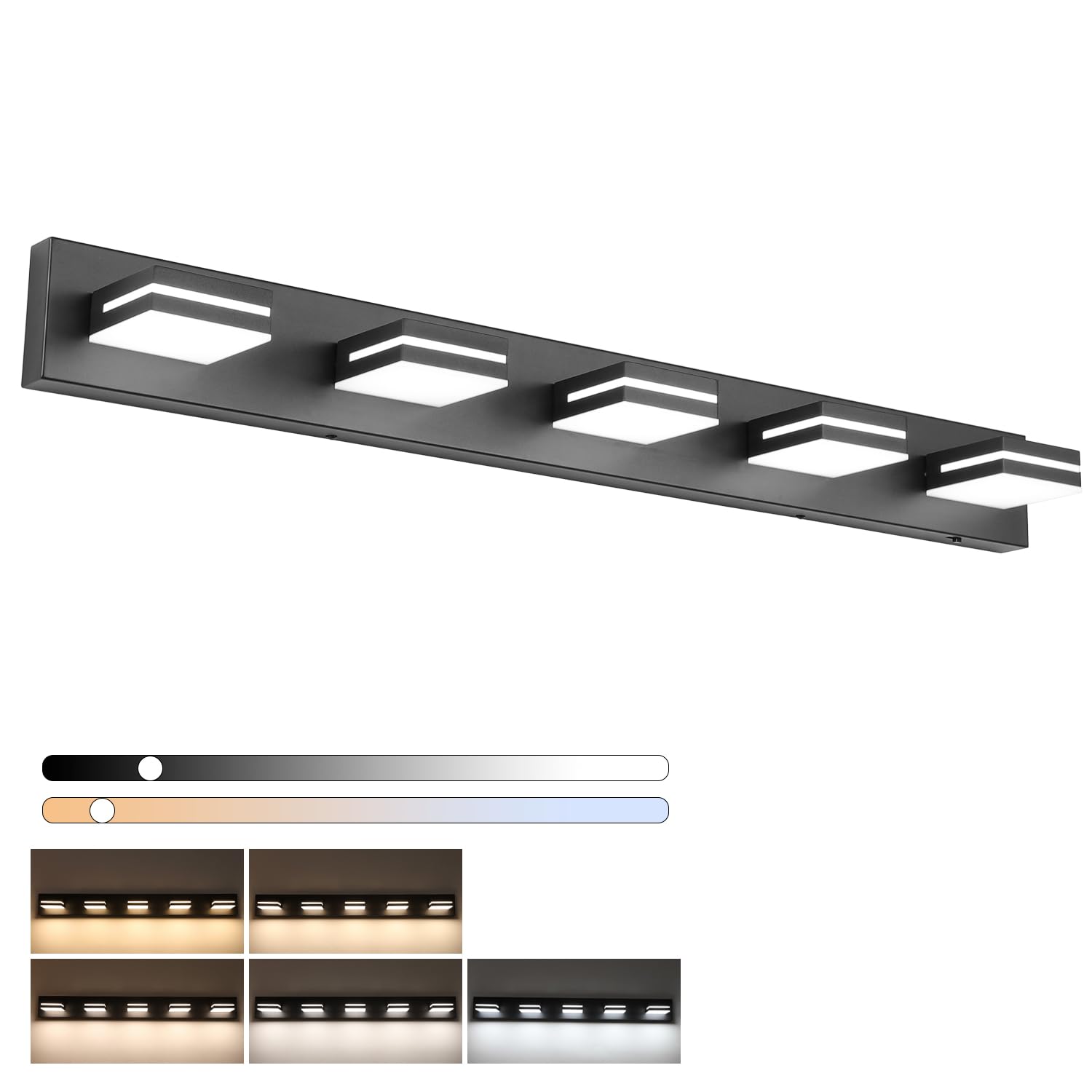 Sinerise Led Modern Bathroom Vanity Light Fixtures (5-Light, 40-Inch)(5Cct, Dimmable), Matte Black Modern Acrylic Bathroom Wall Lighting Fixtures Over Mirror (3000K/3500K/4000K/5000K/6000K)