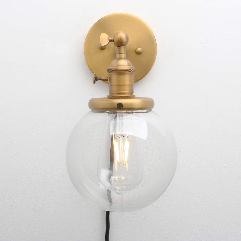 Permo Plug In Sconce On/Off Switch Wall Sconce With 5.9 Round Globe Clear Glass Shade Vintage Industrial 1-Light Wall Lamp Light