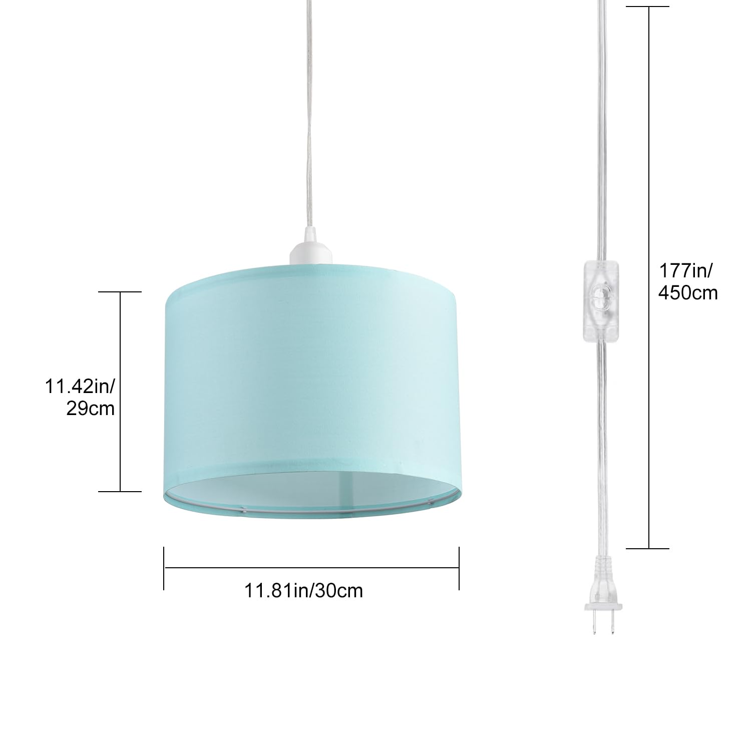 Ihengyanlt 2 Pack Plug In Pendant Light, Hanging Light With 15Ft Clear Cord, On/Off Switch, Blue Fabric Lamp Shade, Hanging Ligh