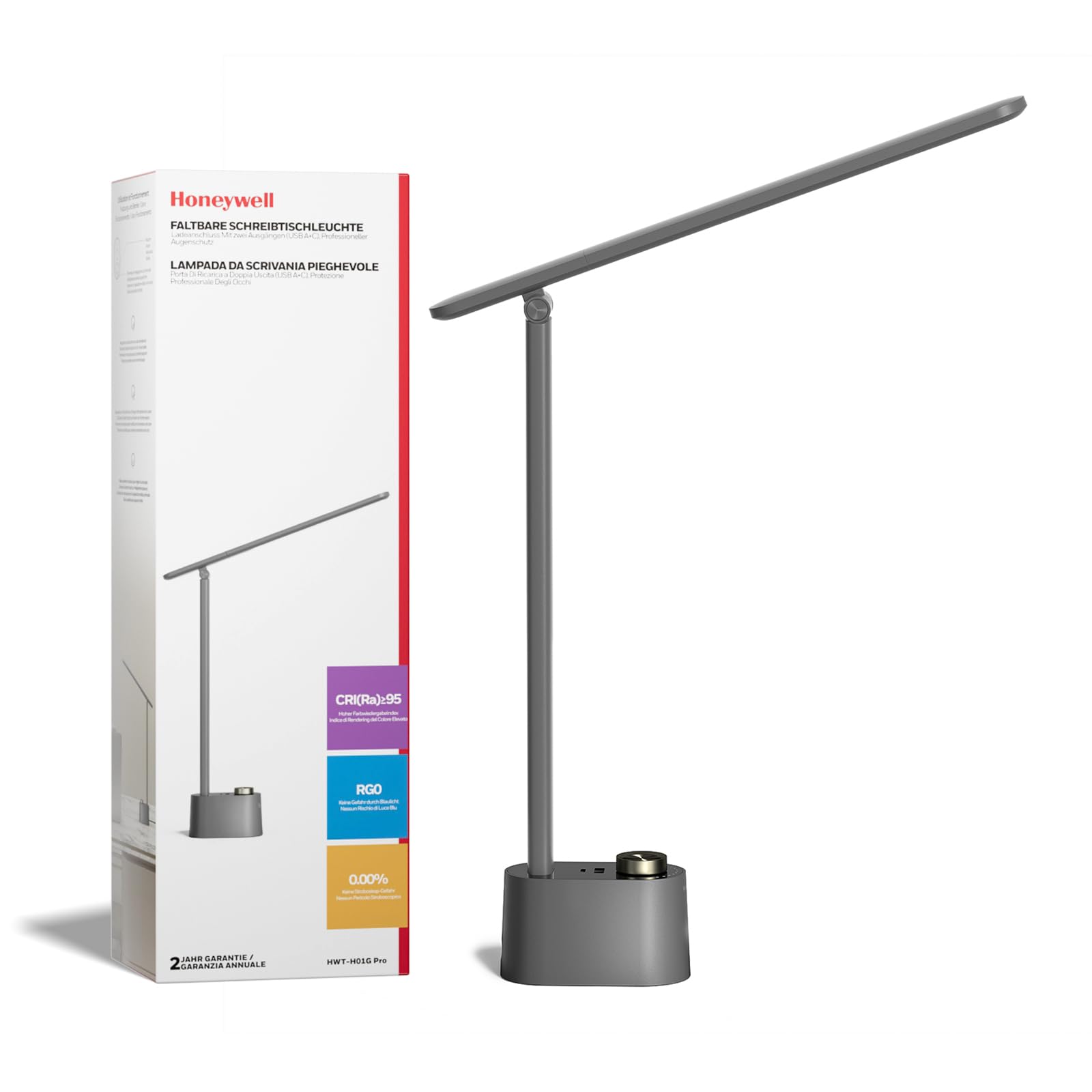 Honeywell LED Desk Lamp - H01 Pro Sunturalux™ Dimmable Light with USB Charging, Gray