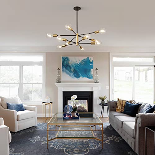 RUIYEY 10-Light Sputnik Chandelier, Modern Black and Gold Metal Ceiling Light Fixture for Kitchen Island, Living Room, Dining Room