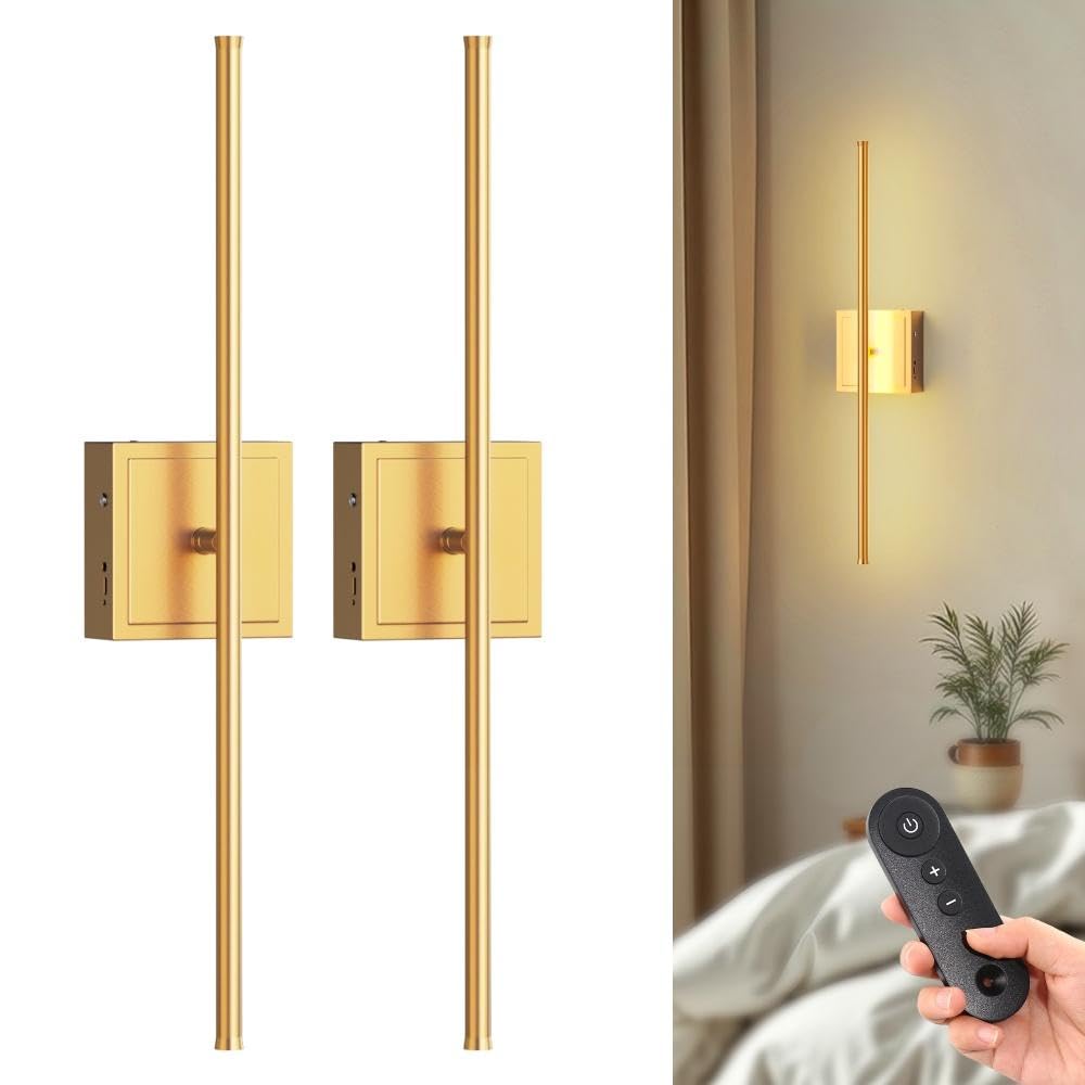 DORESshop Battery Operated Wall Sconces Set of Two, Rechargeable, 350° Rotate, Dimmable, 23.7 Inch, Gold