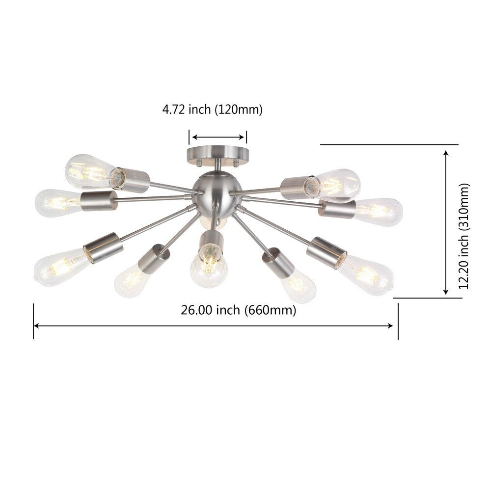 BONLICHT 10-Light Sputnik Chandelier, Brushed Nickel Metal Ceiling Light, Model 3006-10SN for Kitchen, Living Room, Dining Room
